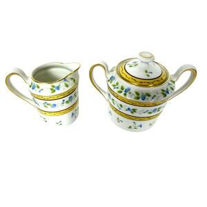 Raynaud Ceralene Limoges Morning Glory Spray Sugar Bowl and Creamer-France-Mint!